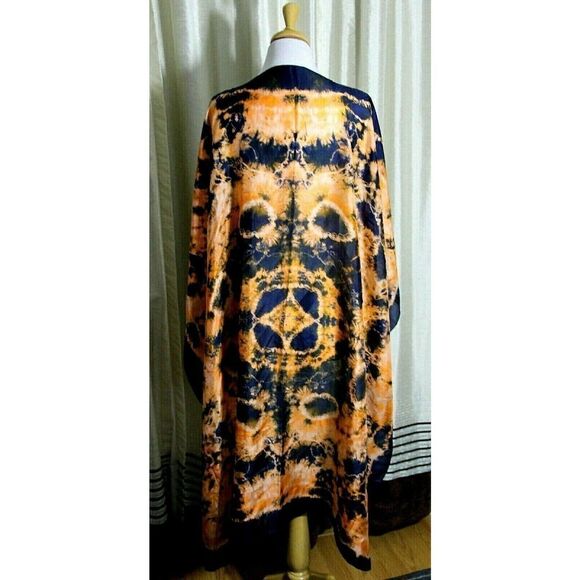 44"x45" BLUE ORANGE WHITE ARTWORK HANDROLLED 100%SILK WOMEN'S SCARF SHAWL WRAP - Picture 5 of 5